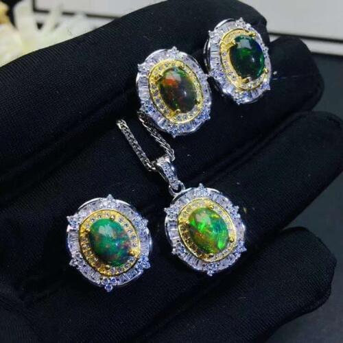 Black Opal Set Naturaland Real Black Opal jewelry set Natural Real Opal 925 sterling silver 1pc pendant,1pc ring,2pcs Earring