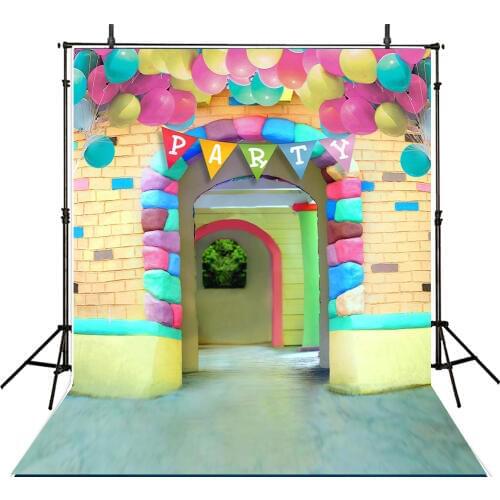 Photography Background Birthday Theme for Kids Colorful Balloons with Flags Brick Door Newborn Baby Photo Backdrops Background