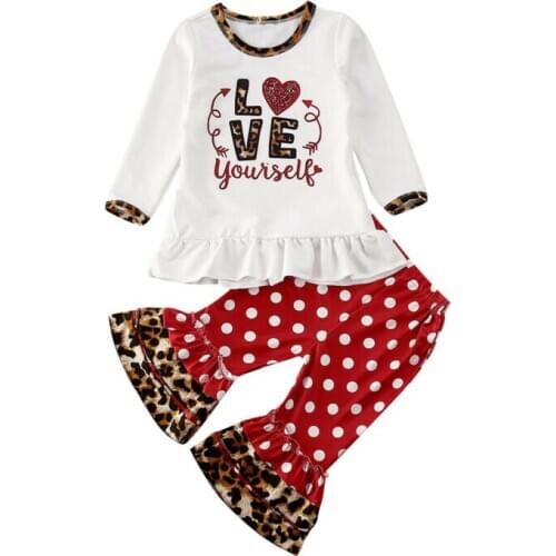 2020 Spring Kids Toddler Baby Girls Leopard LOVE Print T-Shirt Tops+ Polka Dot Flare Pants 2pcs Outfits Clothes 0-3Y