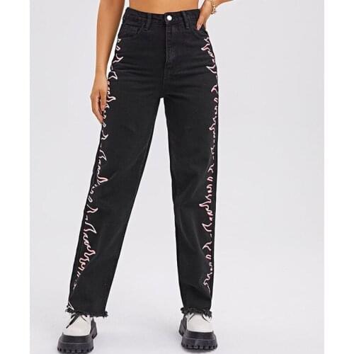 Lightning High-waist Flame Wide-leg Fashion Loose Jeans Slim-fit Contrast Color Womens Overalls Casual Washed Printed Jeans