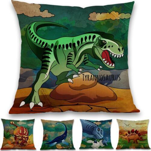 Cartoons Ancient Animal Jurassic Age Dinosaurs Tyrannosaurus Stegosaurus Linen Pillow Case Kids Room Decorative Cushion Cover