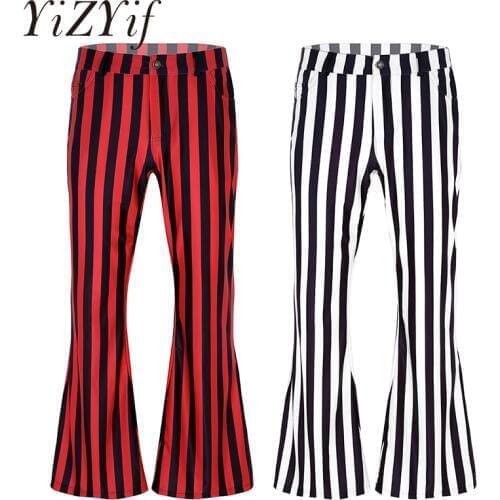 Men Pants 60s or 70s Retro Vintage Mid Waist Striped Stretch Bell Bottom Super Flares Long Pants Trousers Jazz Dance Costumes