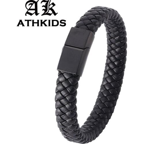 Punk Men Bracelet Black Braided Leather Bracelet Stainless Steel Magnetic Clasp Fashion Bracelets & Bangles Pulsera Hombre PD740