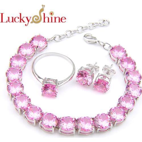 Lucky Shine Mix 3 PCS 1 Set Unique Set Pink kunzite Round Cubic Zirconia Silver Rings Earrings Bracelets Wedding Jewelry Sets