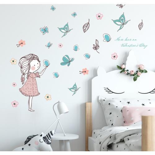 New Creative Cartoon Flying Butterfly Flower Girl Bedroom Childrens Room Living Room Background Decoration 3D Art Mural