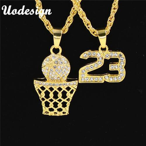 Uodesign Golden Bling Number 23 and Basketball Hoop Rhinestone Necklaces Men Women Hip Hop Charm Pendants Rock Jewelry Gift