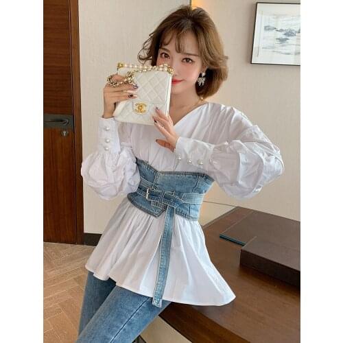 Lantern Sleeve waist cover simple versatile solid color shirt womens wear 2021 Spring new