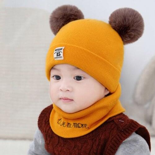 Newborn Baby Girls Boy Winter Spring Hat Scarf Ball Knit Solid Warm Furry Ball Beanie Hats Scarf 2PCS Gift