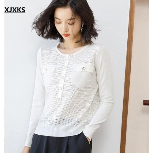 XJXKS Round neck long-sleeved women autumn thin sweater 2021 new solid color all-match wool knitted sweater women pullover