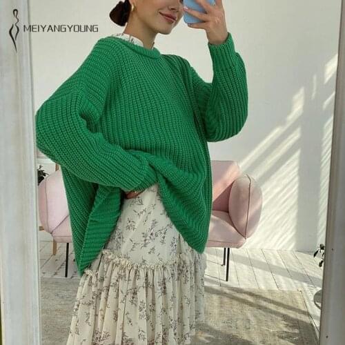 MEIYANGYOUNG Elegant Green Knitted Sweaters Women Oversized Pullovers Winter O-Neck Loose Sweater Streetwear Warm Outerwear 2021