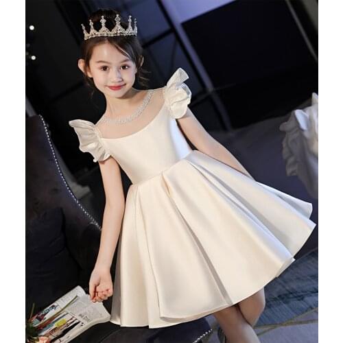 High-end Champagne Girls Wedding Party Flower Girl Dress Bridesmaid Clothes Princess Gowns Teen Girl Beads Tulle Evening Dresses