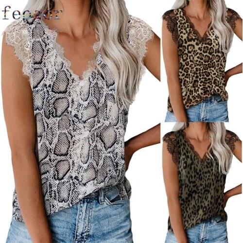 FEOGOR short sleeve T-shirt 2021 summer new vest V-neck leopard print lace stitching pullover top womens clothing Baggy vest