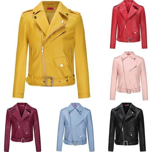 2017 New Fashion Female Biker Motorcycle Cropped Leather Jacket Women Pink Red Black Blue Brown Yellow
