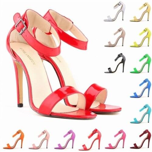 New Arrival Concise Solid Patent Leather Shallow Sandals Women Round Toe Open Toed PU 11CM Thin High heels Buckle Strap shoes