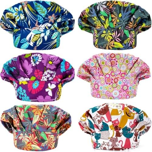 Scrubs Hats Cotton Women Printed Sweatband Bouffant Caps Halloween Hat Pet Shop Beauty Salon Working Caps Adjustable Work Wear