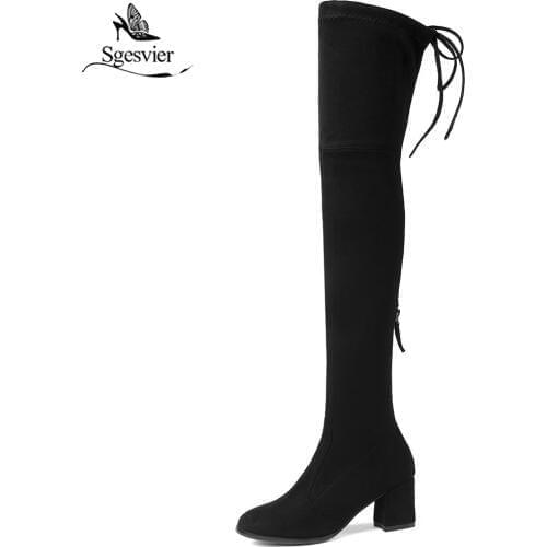 Sgesvier Women Over The Knee High Boots Fashion Women Shoes Hoof Heels Sexy Stretch Fabric Lace Up Women Boots Size 34-43 OX545