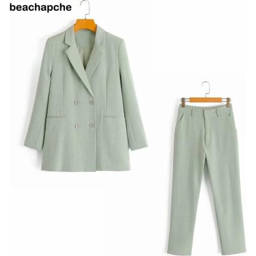 Beachapche Spring Autumn Women Vintage Khaki 2 Pieces Set OL Office Blazer Jacket Coat+Pencil Pant Suits Casual Trouser Outfits