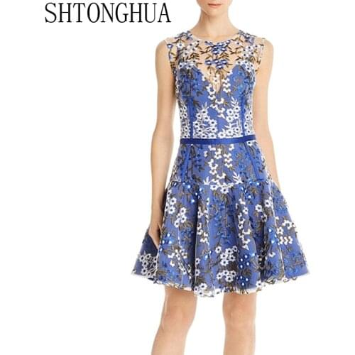 New 2020 Spring Summer Holiday Short Dress Runway Women Sleeveless Mesh Floral Embroidery Swing Blue Vest Party Dresses