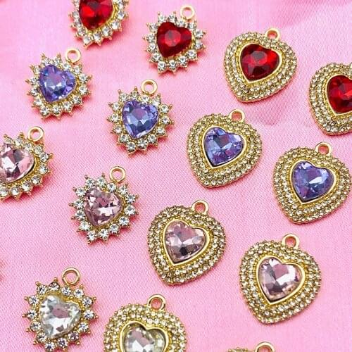 10Pcs/Lot Mixing Gold Color Heart Crystal Charms for Jewelry Making DIY Pendants Necklace Earrings Bracelet Handmade Accessories
