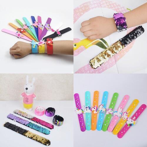 2pcs Unicorn Slap Automatic Bracelets Flamingo Glitter Sequins Mermaid Party Favors Girls Birthday Wedding Party Toys Kids Gifts