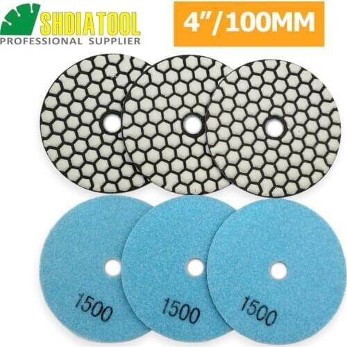 SHDIATOOL 6pcs 4"/100mm Grit1500 Diamond Flexible Dry Polishing Pad Marble Granite Ceramic Sanding Disc Resin Bond Polisher Disc