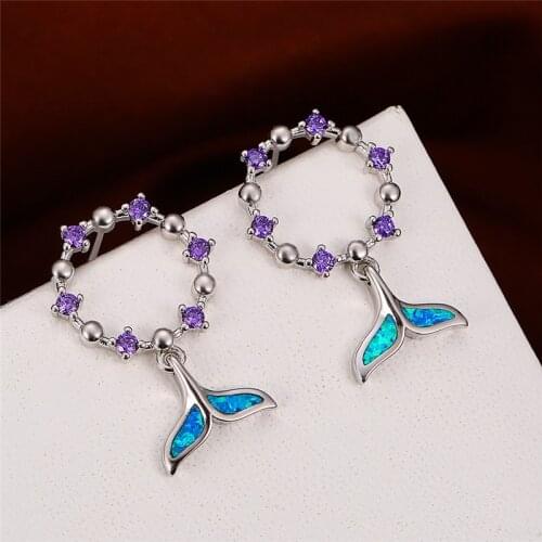 Dainty Round Purple Crystal Stud Earrings Female White Blue Opal Fishtail Earrings Charm Silver Color Wedding Earrings For Women