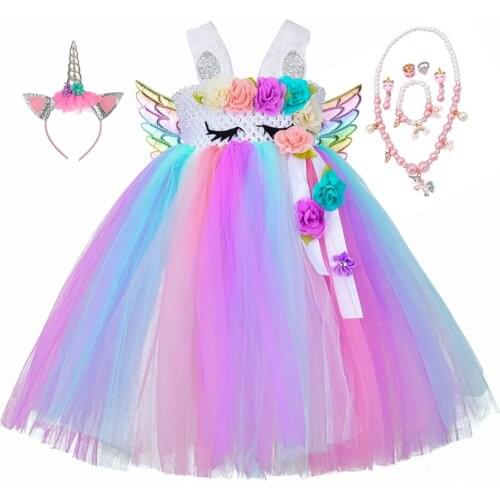 Princess Girls Unicorn Tutu Dresses for Children Birthday Christmas Party Pastel Flowers Dress Unicorn Fancy Tutu Ball Gowns
