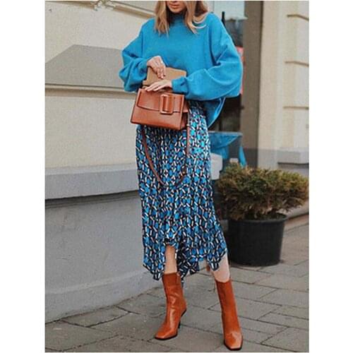 2020 Winter Autumn Slim Sweater Dress Set Casual Long Sleeve Blue Sweater With Skirt SQ2041