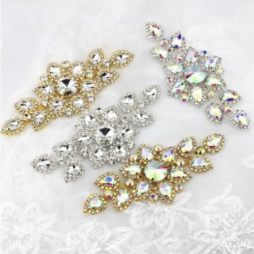1 pcs 6.3x13.5cm Full color Option Sewing On Rhinestone Applique Silver Base Clear Crystal Rhinestones DIY Wedding Evening dress