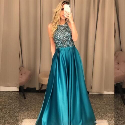 Sparkle 2020 Halter Crytal beads Long A line Sexy Backless Evening Gown Custom Made