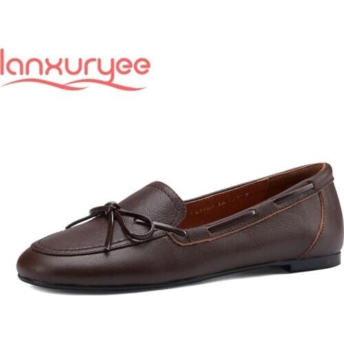 Lanxuryee new genuine leather round toe low heel comfortable shoes butterfly-knot deep mouth slip on convenient women pumps L36