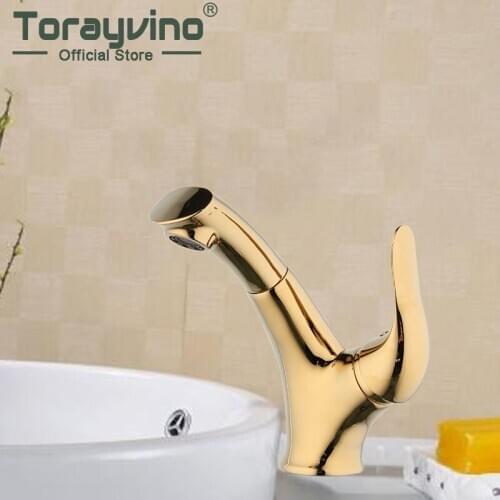 Pull Out Gold Faucet Bathroom Grifo Fregadero Deck Mounted Tap Brass Spray Single Handle Faucets Hot & Cold Mixer Water Taps