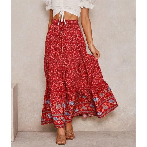DAILOU Vintage Chic Long Skirts Women Floral Print Beach Bohemian Skirt Summer High Elastic Waist Rayon Cotton Boho Maxi Skirts