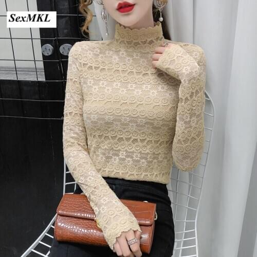Women Casula Turtleneck Lace Tops 2021 Spring Summer Fashion Long Sleeve Blouses Korean Clothing Elegant Sexy Hollow Out Blouse