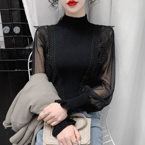 Womans Autumn Elegant Versatile Slim Lace Mesh Gauze Lantern Sleeve Stitching Long-sleeved Sweater Ladies White Pullover Top