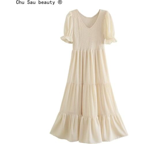 2021 Summer Chic Elastic Chest Folds Edible Tree Fungus Women Puff Sleeves V-Neck High-Waist Long Dress Solid Color Casual