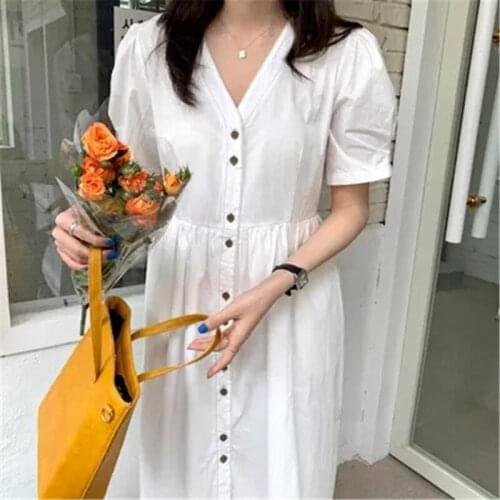 Summer Exquisite Lines and Buttons Contrast Color Puff Sleeves V-neck Single-breasted Cotton Cardigan Dress 2021