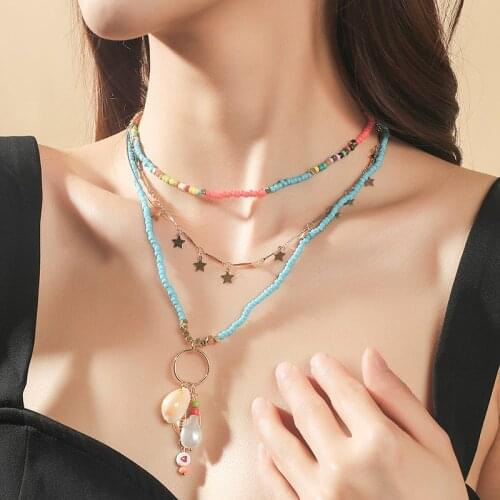3 Pcs/Set Beach Style Female Blue Red Glass Beads Handmade Beaded Necklaces For Women Gold Chain Star Shell Necklace & Pendant