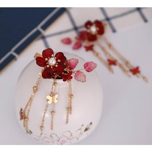 1pair Exquisite Crystal Red Flower Hairclip Retro Chinese Dress Headwear Long Butterfly Tassels Hair Clip Bride Tiaras ML