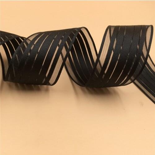 N2221 38MM X 25yards roll black stripes organza satin ribbon wired edge gift box wrapping ribbon