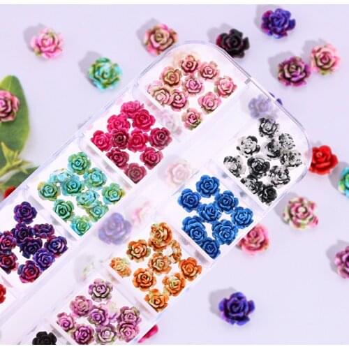 120Pcs/Jar 3D Rose Nail Art Charm AB Color Ceramic Flower Nail Rhinestone 3D Nail Flower Design Nail Colorful Stones Decoration