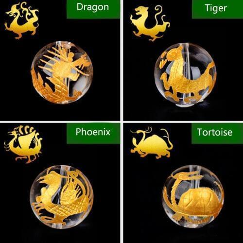 8-14mm 4pcs Natural Round Gold Carved Dragon Turtle Tiger Phoenix White Rock Quartz Loose DIY Beads For Jewelry Making Beads