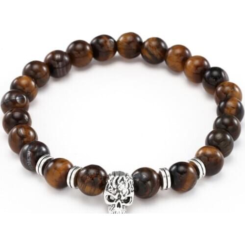 8mm jh4 micro pave cz zircon cubic zirconia elastic adjusted Charm nature stone yellow Tigereye bead skull Charm Bracelet
