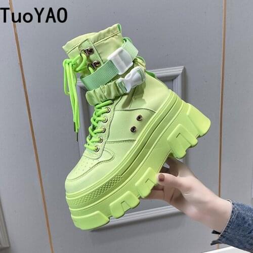 Autumn Women Fashion Ankle Boots 7cm Height Increasing Platform Boots Brand Womens Chunky Gladiator Boots New Woman Green Shoes