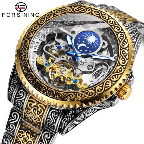 Forsining Tourbillon Mens Watch Gold Skeleton Mens Watches Top Brand Engraved Vintage Mechanical Moon Phase Steel Strap Clock
