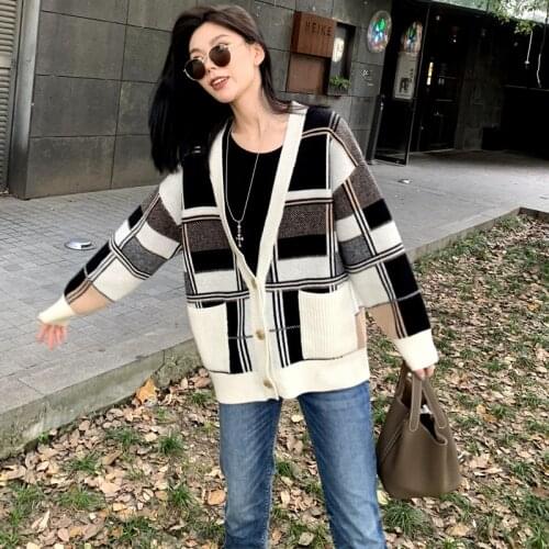 Cardigan Women Sweaters Plaid Cardigan Coats Women Loose Knit Cardigan Christmas Sweater Plus Size