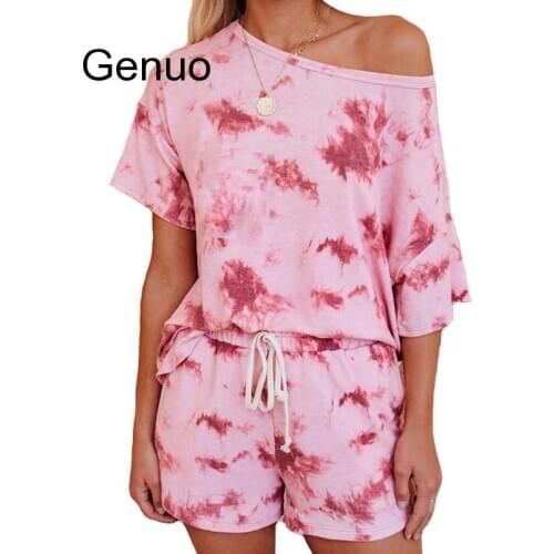 Casual Tie-dye Suits Women Gradient Printing Loose Short Sleeve Tops Elastic Waist Shorts Suits Ladies Pink Clothes Sets
