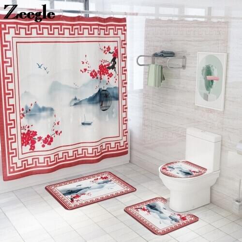 Traditional Style Bath Mat Bathroom Carpet Home Decor Toilet Mat Shower Room Rug and Waterproof Shower Curtain Non-Slip Foot Mat