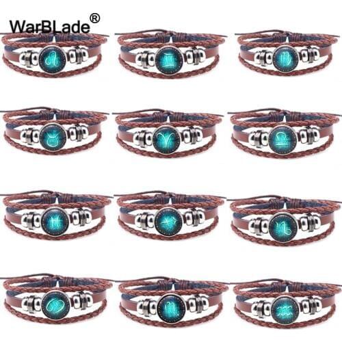 12pcs/set Hot Zodiac Signs Bracelets Bangles Punk Men Women Leather Bracelet Vintage 12 Constellations Wristband Charm Jewelry