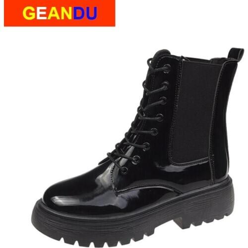 Fashion Womens Boots Winter Ankle Boots Pu Leather Women Boots Work Shoes Round Toe Lace-Up Cowboy Motorcycle Shoes botas mujer